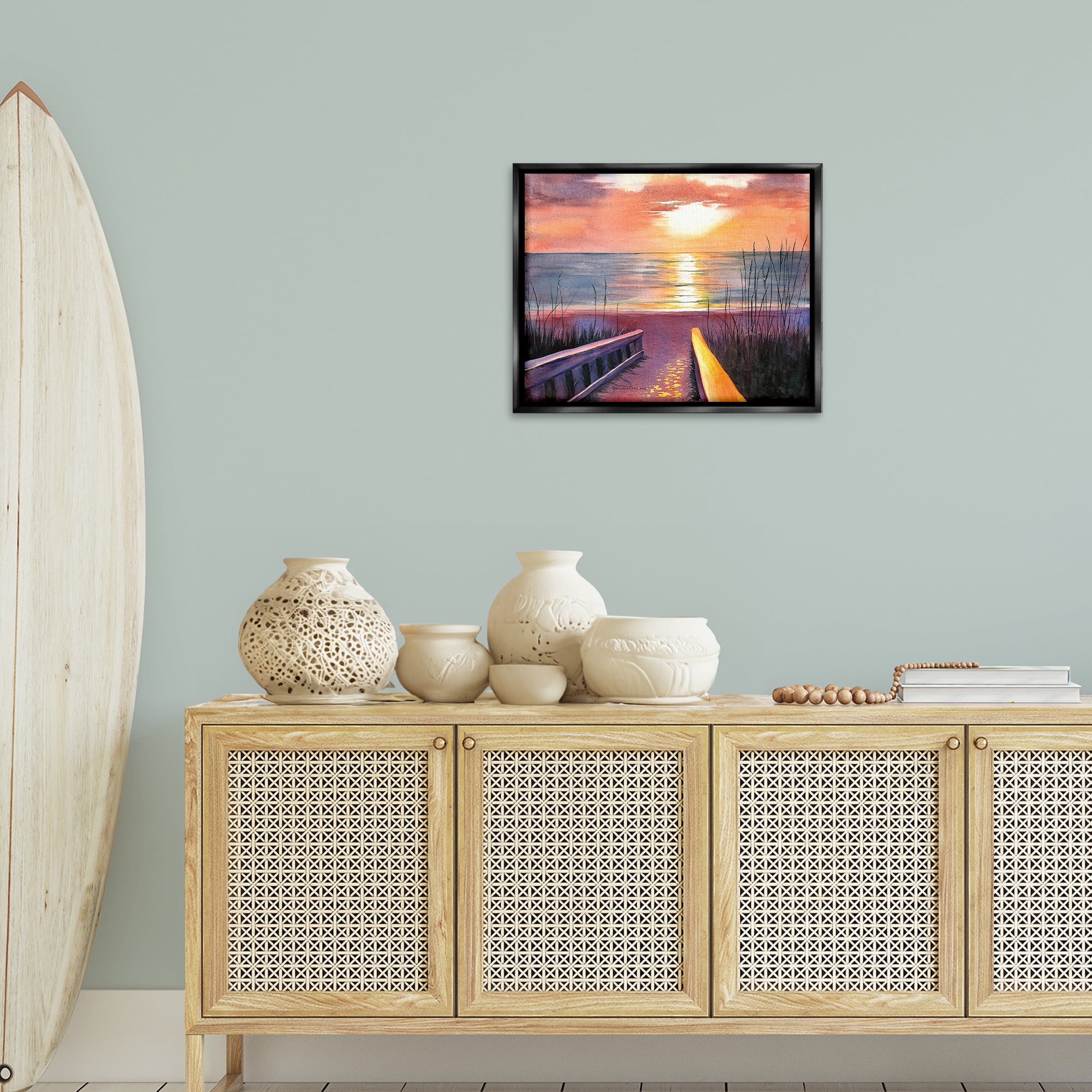 Stupell Industries Sea Sunset Reflection Landscape Painting Black Floater Framed Canvas Art Print Wall Art, 21 x 17