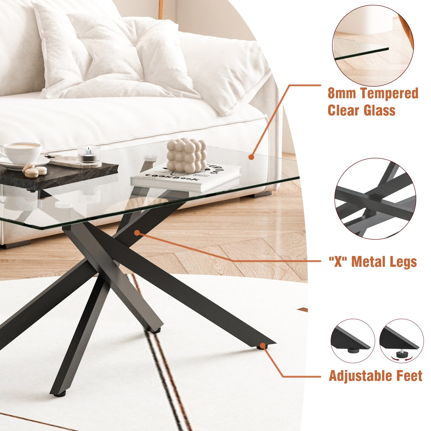 Holaki 39.37" Rectangular Clear Tempered Glass Coffee Table,Stylish Design with Black Metal Legs, Coffee Table for Living Room
