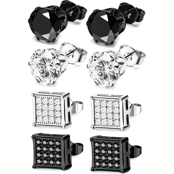 DESIGNICE 4 Pairs Stainless Steel Stud Earrings for Men Women Silver Black Square Earrings Set Mens Earrings Inlaid Cubic Zirconia 6-10MM