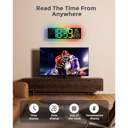 16.5 Large Digital Wall Clock with BT Sync, RGB Lights with 11 Scenes Mode Remote Control, Big LED Clock with Dual Alarms, Auto DST, Temperature for Classroom Gaming