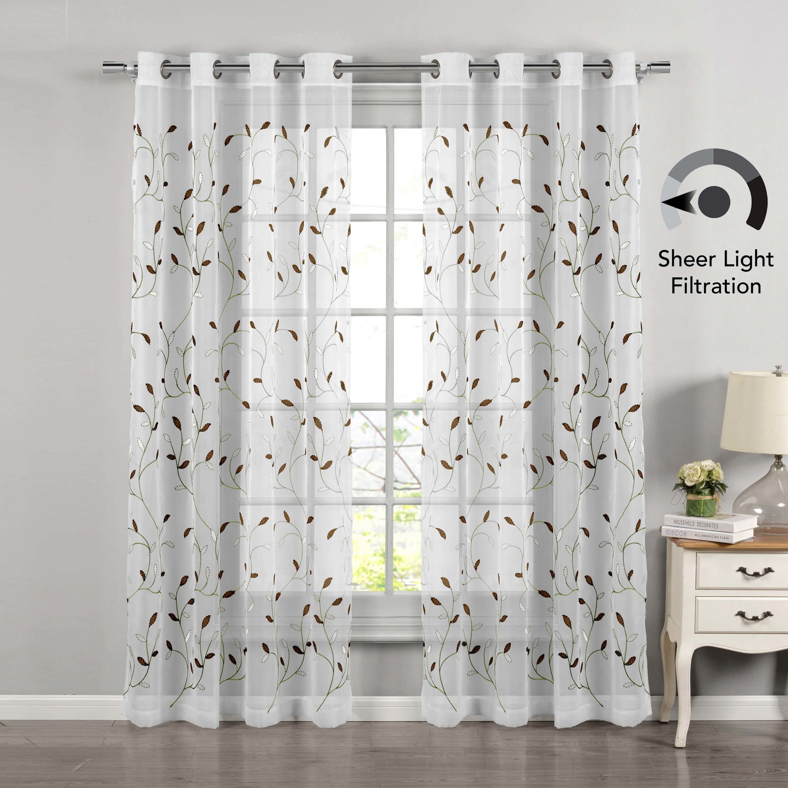Grommet Curtain Panel, Embroidered Sheer Extra-Wide, Brown 54" x 63"
