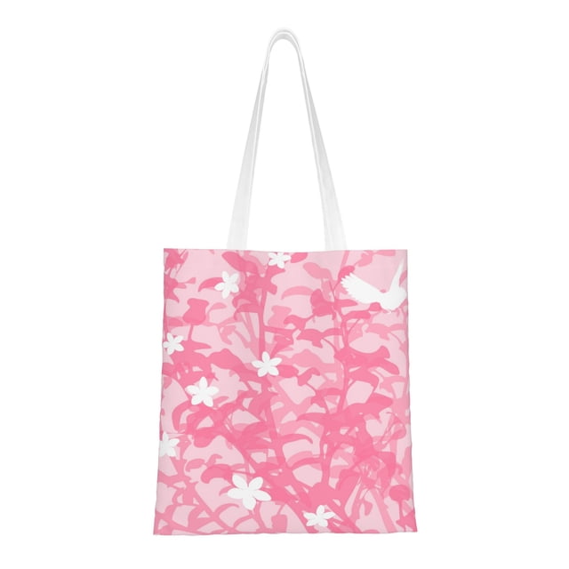 YFYANG Sac de Courses Réutilisable en Toile de Coton, Motif de Printemps Rose, Sac d'Épicerie Lavable et Portable pour Voyage Quotidien