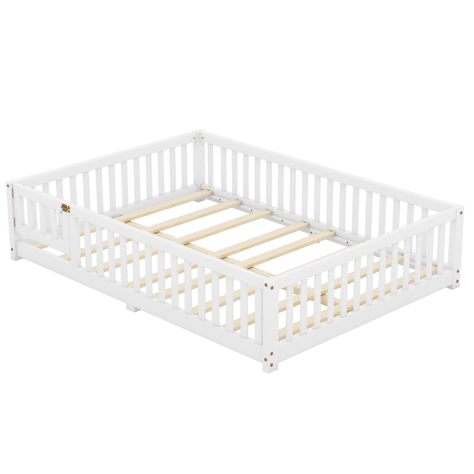 Bellemave Floor Bed with Door and Fence, Full Floor Bed with Bed Slats Sturdy Wood Floor Bed Montessori Bed Frame, Full Size Floor Bed with Fence, White