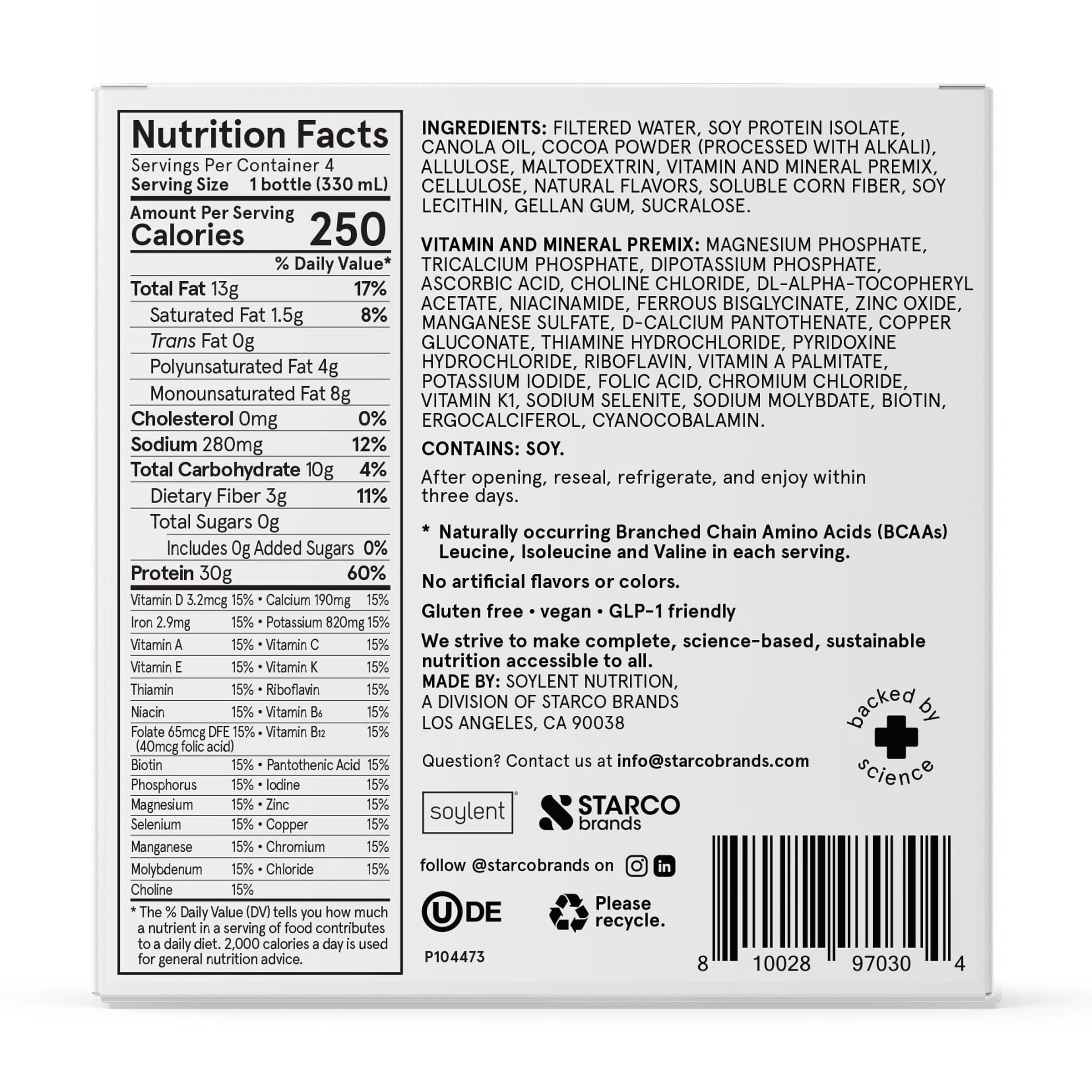 Soylent Complete Protein Naturally Flavored Nutrition Shake, Chocolate, 11 oz, 4 ct
