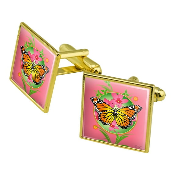 Orange Butterfly Pink Flowers Square Cufflink Set - Silver or Gold