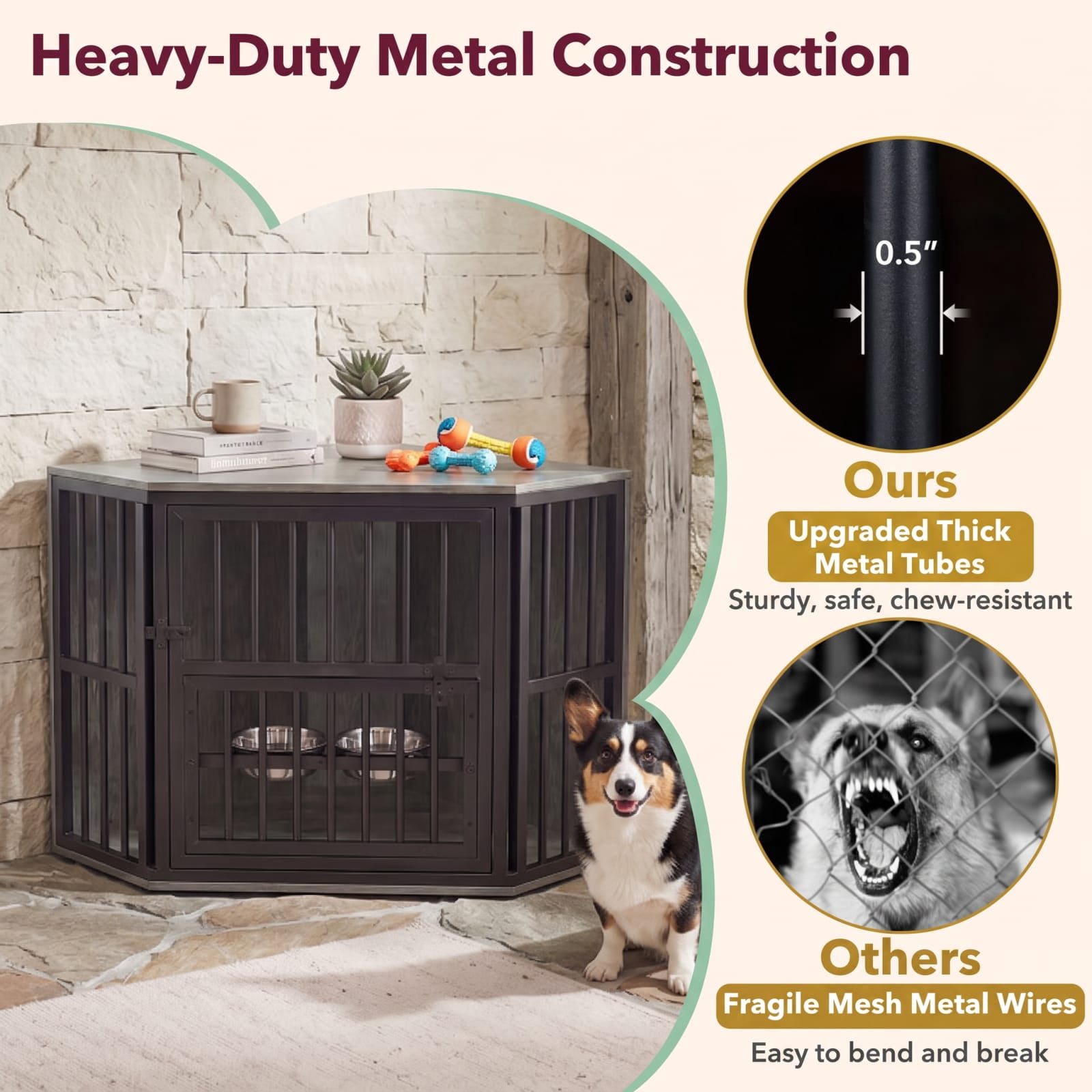 Vebreda Dog Crate Furniture, 35.5 inches Wooden Dog Kennel End Table with 3-Position Dog Bowl Rack, Space-Fit Corner Shape Design