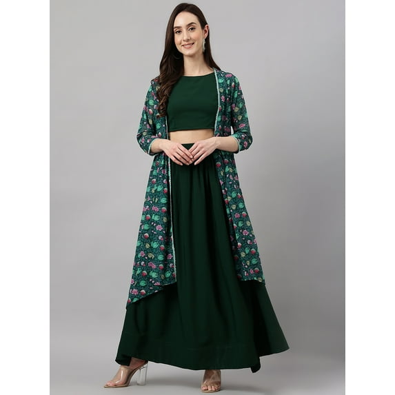 Janasya Indian Women's Green Crepe Solid Crop Top with Skirt and Jacket