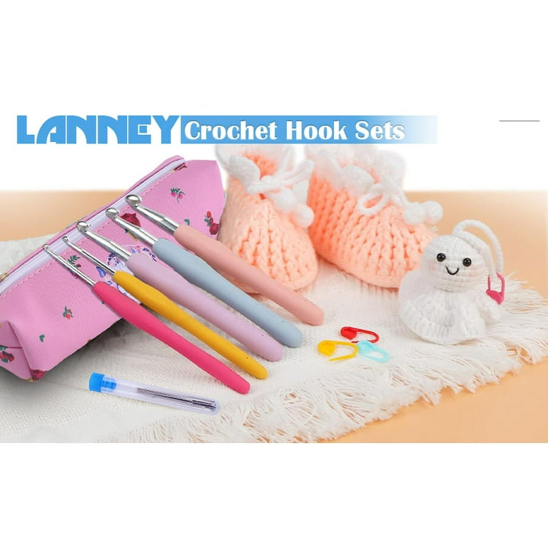 14pcs Crochet Hooks Set, Ergonomic Grip Soft Handle, Pink Floral