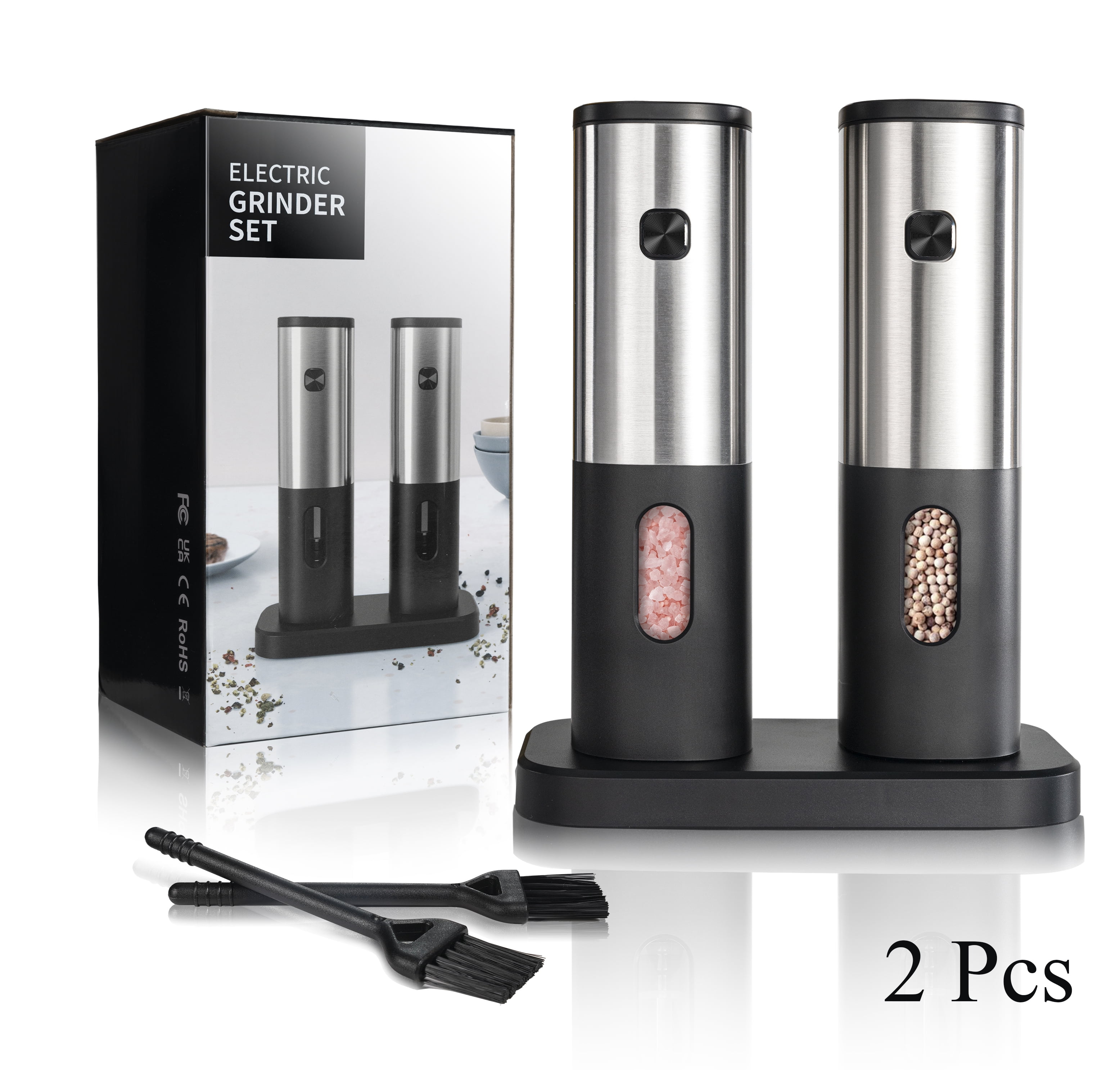 2 PcsElectricSalt and Pepper Grinder Set,One Hand Operation, Adjustable Coarseness, Stainless Steel, Battery Charging, Silver