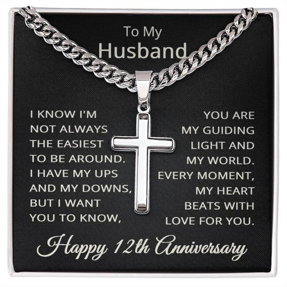 12th Anniversary Necklace for Husband 12 Years Anniversary Jewelry for Him Men Cuban Link Chain with Cross Pendant