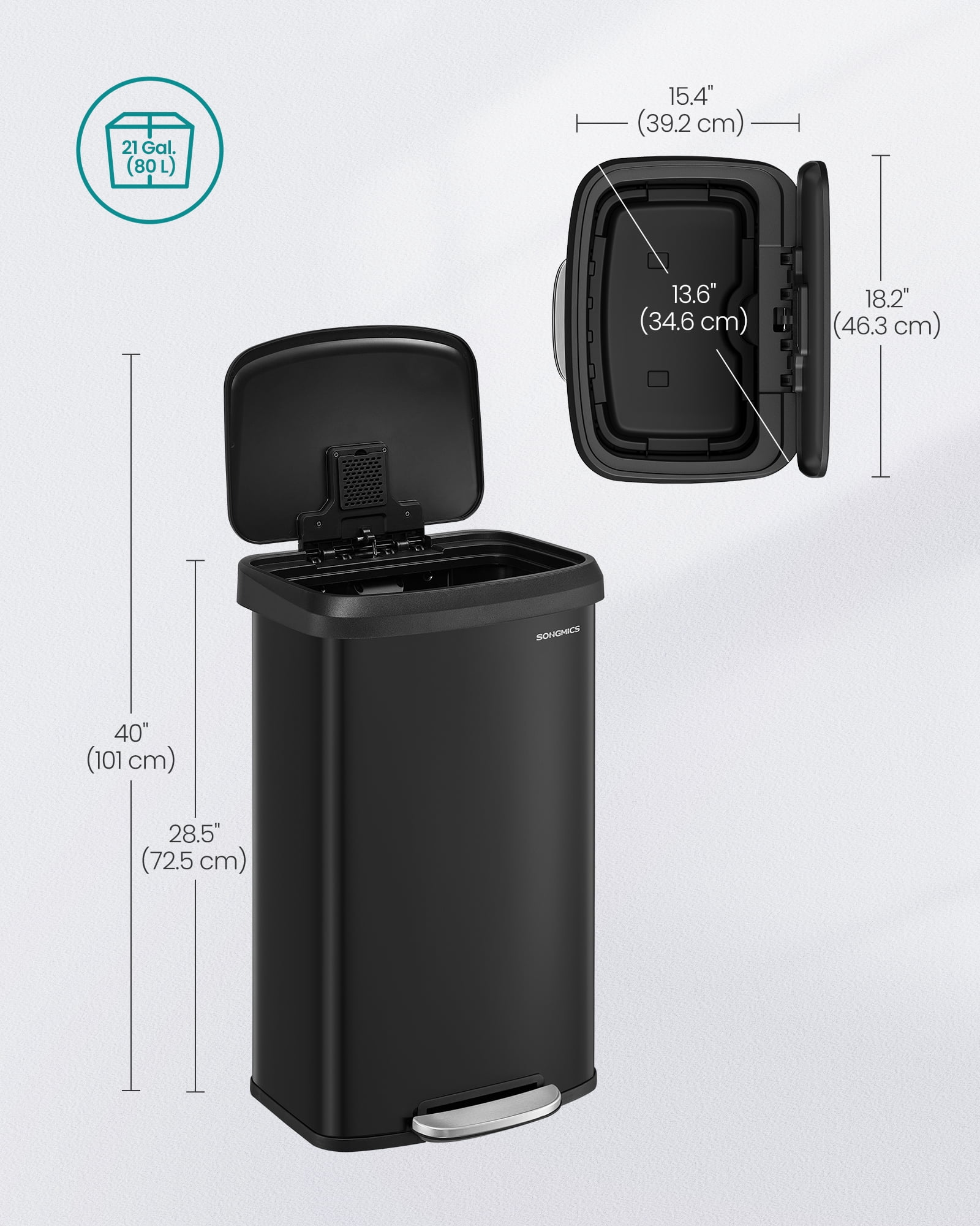 21-Gallon Stainless Steel Trash Can - Large Kitchen Bin with Odor Control, Stay-Open Lid & Wide Pedal, Space-Saving Design, Black