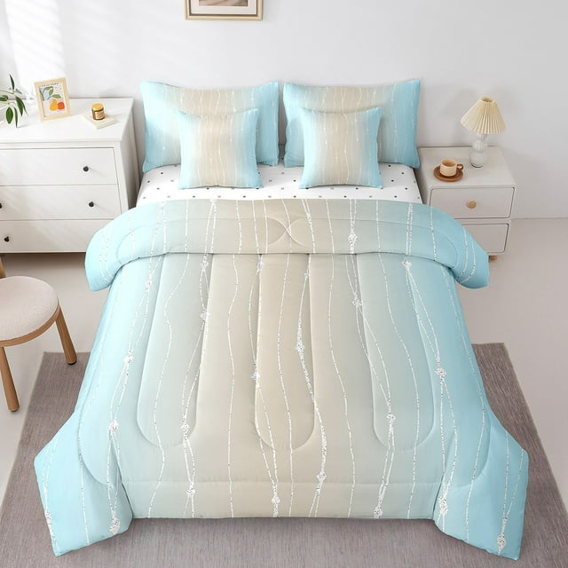 YST Aqua and Beige Gradient 7pcs Comforter Set Watercolor Ombre Geometric, King Size