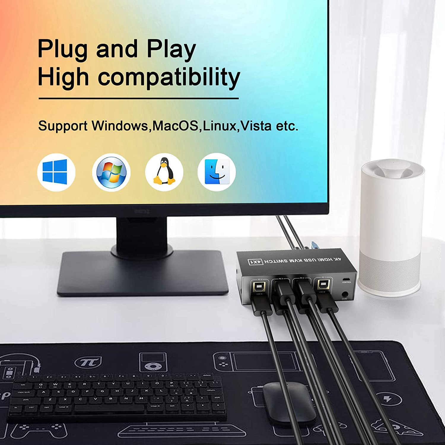4 Port HDMI KVM Switch 4K@30HZ/1080P@60HZ USB HDMI KVM Switcher 4 in 1 Out USB HDMI for Mouse Keyboard Hub for PC Laptop Win7 Win10 Win11 MAC