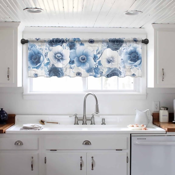White Blue Flower Valance Curtains for Kitchen/Living Room/Bathroom/Bedroom Window, Vintage Pastoral Floral Petals Spring Rod Pocket Small Topper Half Short Window Curtains Voile Sheer Scarf 60"x18"
