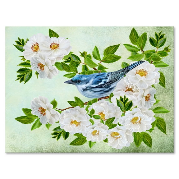 Little Blue Bird Sitting On A Branch of White Rose Plant 8 in x 12 in Painting Canvas Art Print, by Designart