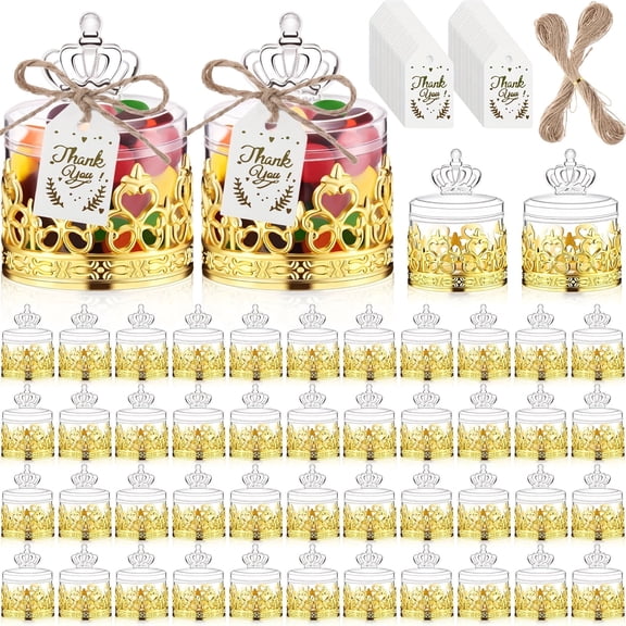 25Pcs Crown Candy Boxes Set with Thank You Tags and Twine, Clear Plastic Gift Containers with Gold Crown Lid, Elegant Party Favor Boxes for Wedding Bridal Shower Birthday Decorations Candy Storage