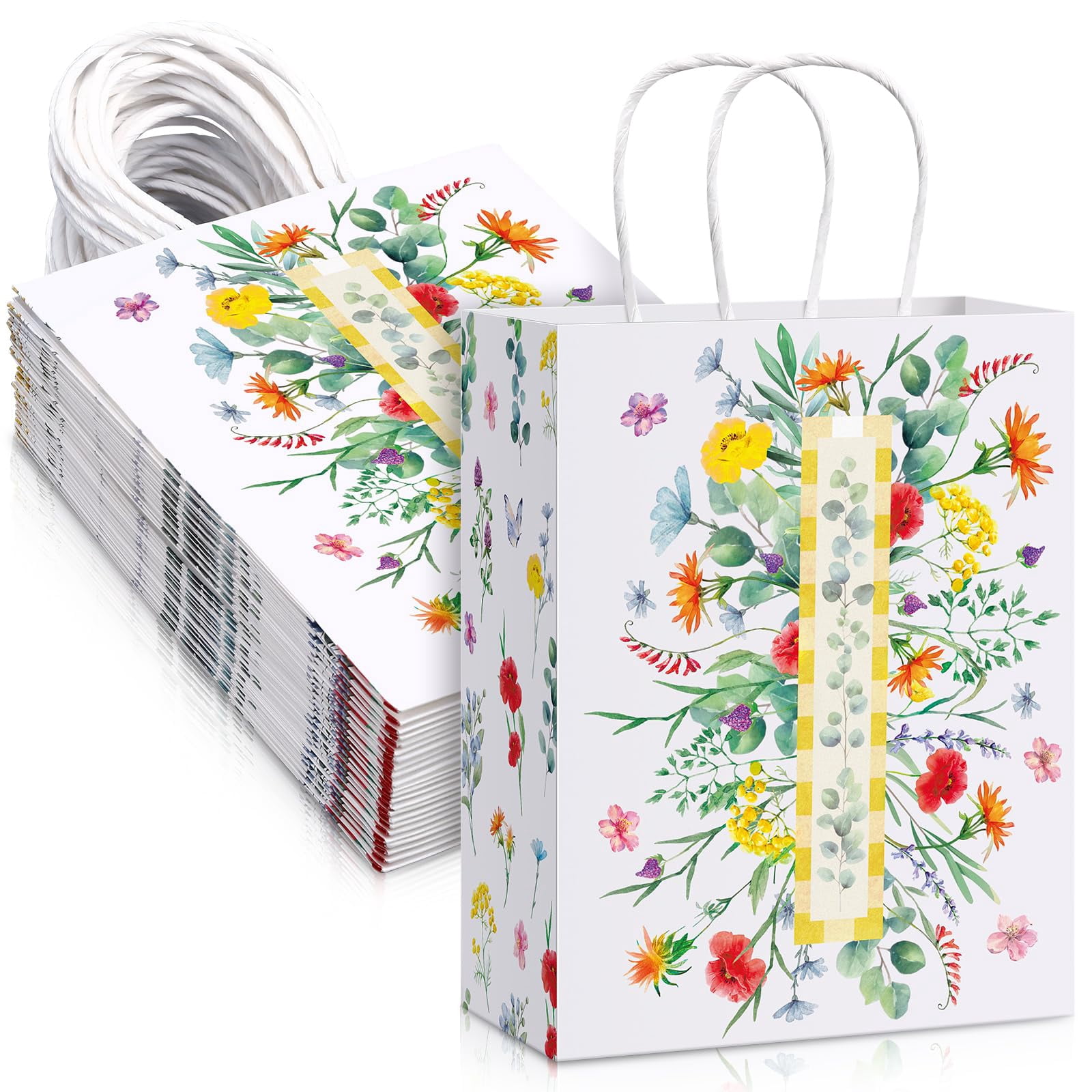Chiisong 24 Pcs Wildflower Eucalyptus Leaves BSL1Gift Bags Floral Paper Gift Bags with Handles Medium Spring Summer Paper Gift Bags for Mothers Day Birthday Baby Shower Wedding Party Favor