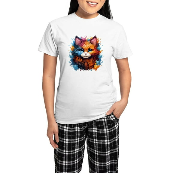 CafePress - Cute Cat Watercolor Pajamas - Women's Short Sleeve Print T-Shirt and Pants Light Cotton Pajama Set