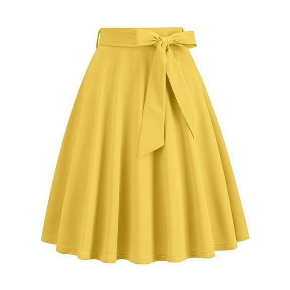 Karight Womens Midi Skirt Swing A-line Vintage Casual Elastic Wide Waist Flared Skirt with Belt