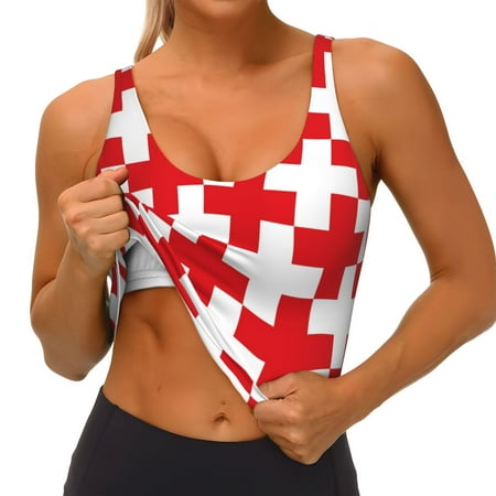 Qokaie Red Cross 1 Pattern Womens Scoop Neck Sports Bra Breathable Workout Vest Padded U Back Medium Impact Fitness Gym Yoga Bra Workout Crop Top