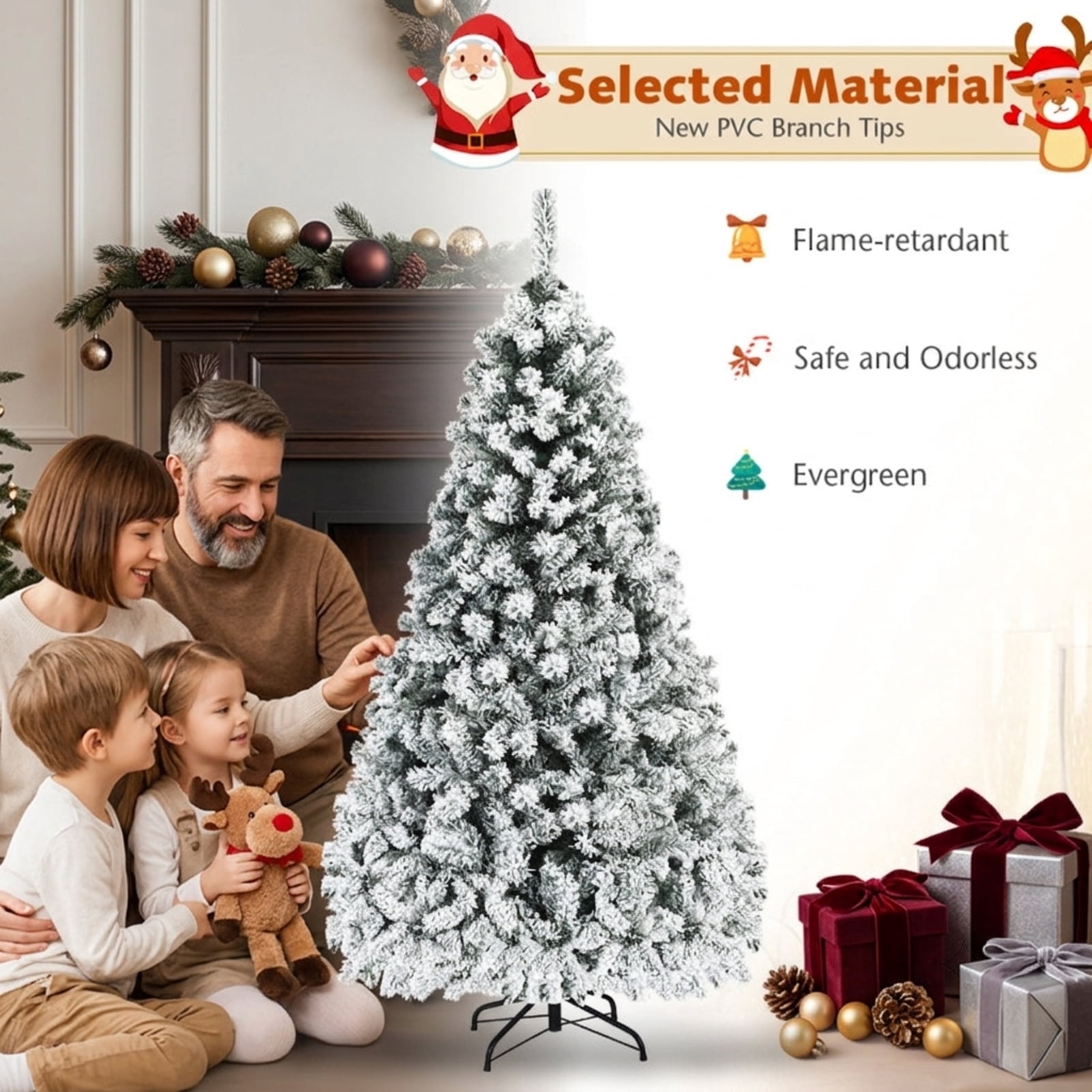 RUIE, 7.5 ft, Pre-Lit Artificial Christmas Tree, Tall Flocked Christmas Tree, 1010 Branch Tips, Snow Flocked, Hinged Branches for Christmas Party