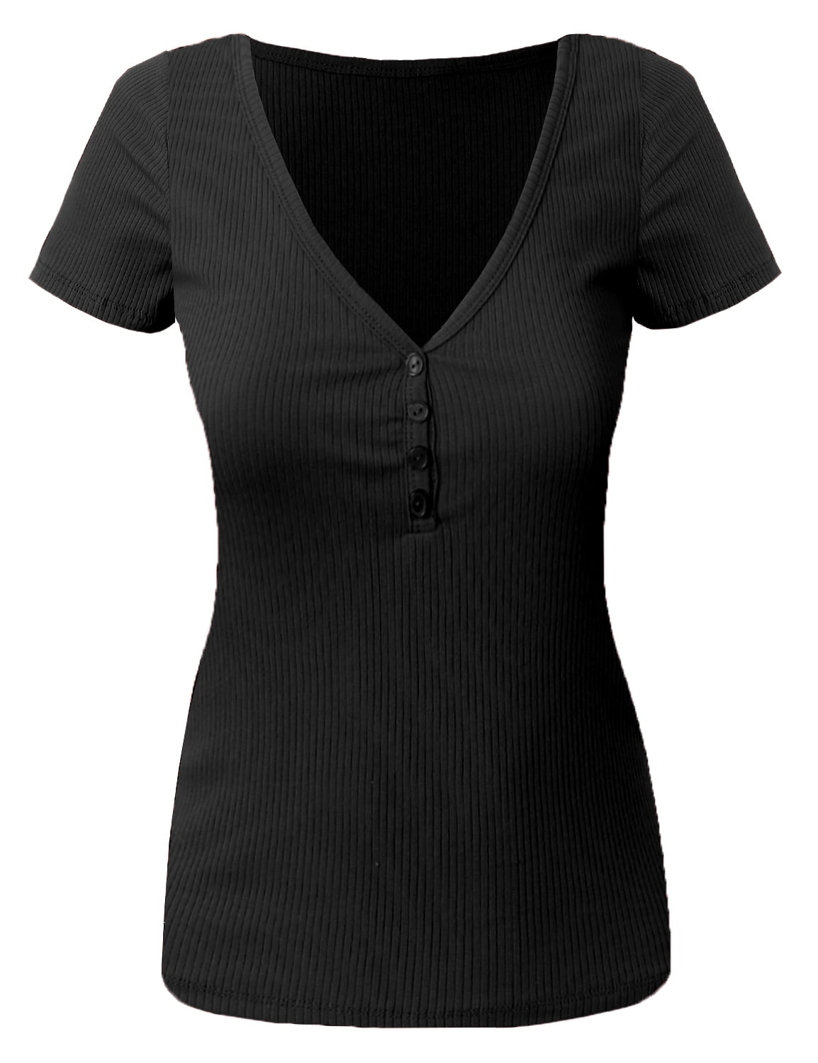 Doublju Women's VNeck Henley Ribbed Short Sleeve Top