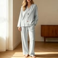 thumbnail image 2 of Women's Ribbed Knit Lounge Set 2 Piece Outfits Button Pajamas SetsLong Sleeve Top and Pants, Matching Paj, 2 of 8