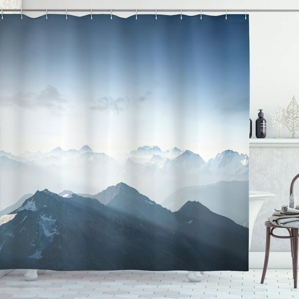 Mountain Shower Curtain Foggy Scenic, Rock Climbing Shower Curtain