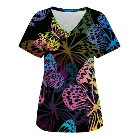 

Women Scrubs Top Nurses Clothing Workwear Working Uniform T-Shirt Fashion Butterflies Printed Short Sleeve Leisure Workwear V-Neck Pockets Tops Working Blouse Shirt