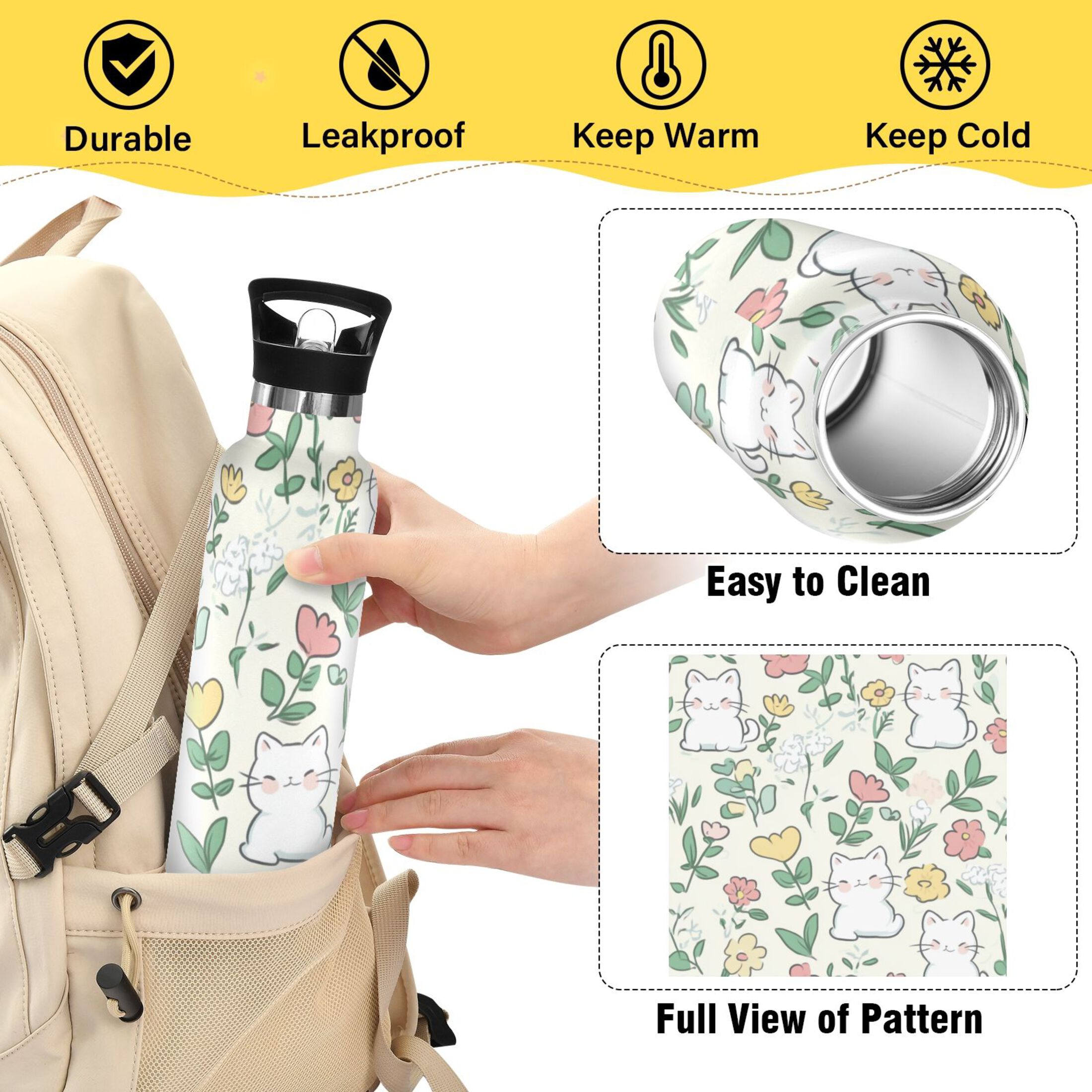 Kids Insulated Stainless Steel Sports Water Bottle 600ml (20oz) Cute White Cat Pattern