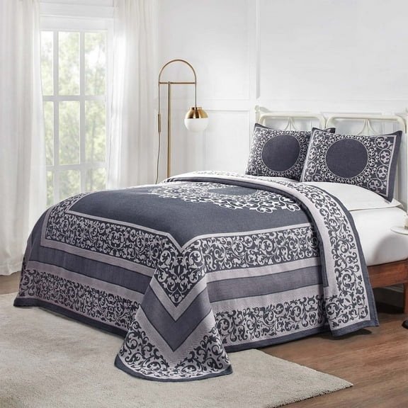 BNM Cotton Blend Floral Scroll Bedspread Set, Queen, Denim Blue