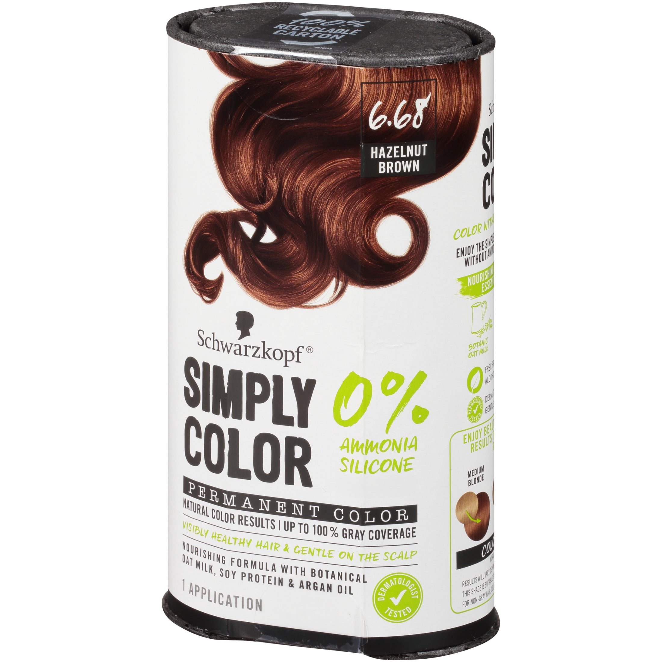 Schwarzkopf Simply Color Hair Color 6.68 Hazelnut Brown, 1 Application - Permanent Hair Dye for Healthy Looking Hair without Ammonia or Silicone, Dermatologist Tested, No PPD & PTD