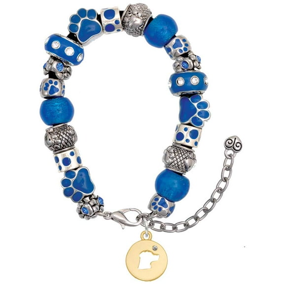 Delight Jewelry Goldtone Dog Head Silhouette Blue Paw Print Bead Bracelet, 7" 2"