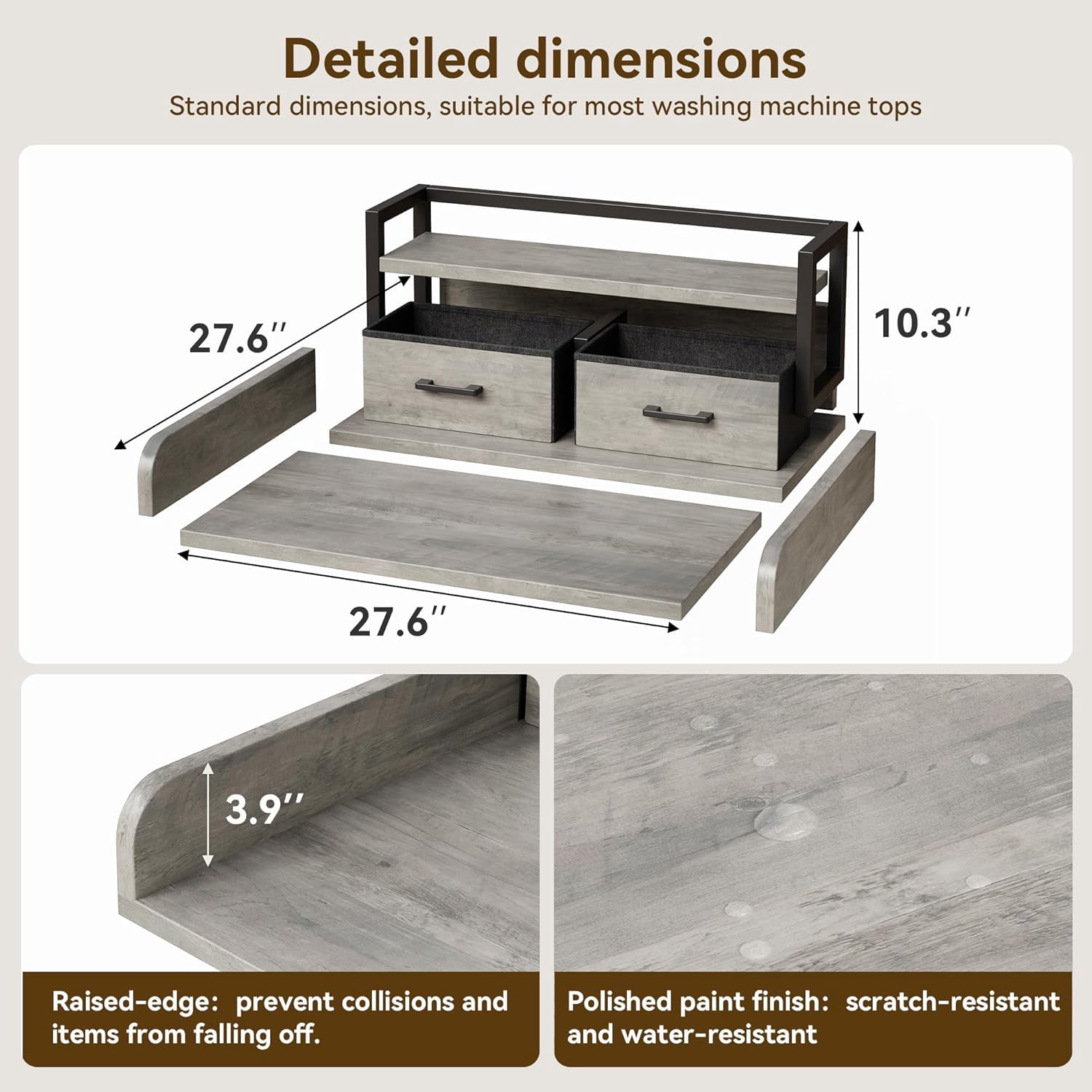 2-Tier Washer and Dryer Countertop with Shelf or Drawers, Laundry Countertop Cover with Non-Slip Pad, 54"X27.5" Laundry Topper for Folding Clothes Over Washer and Dryer, Grey