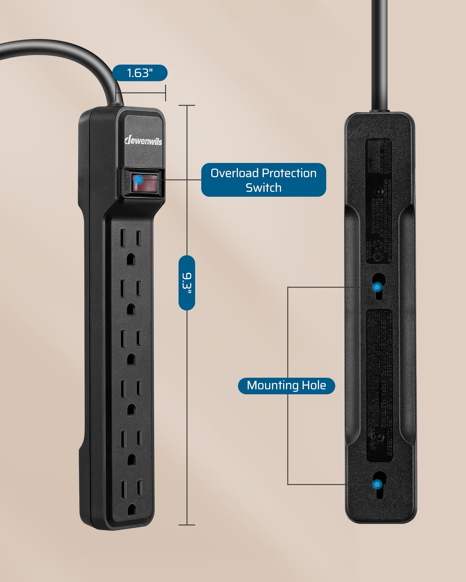 DEWENWILS 6-Outlet Surge Protector Power Strip with 10ft Long Extension Cord, Low Profile Flat Plug, 500 J, Black