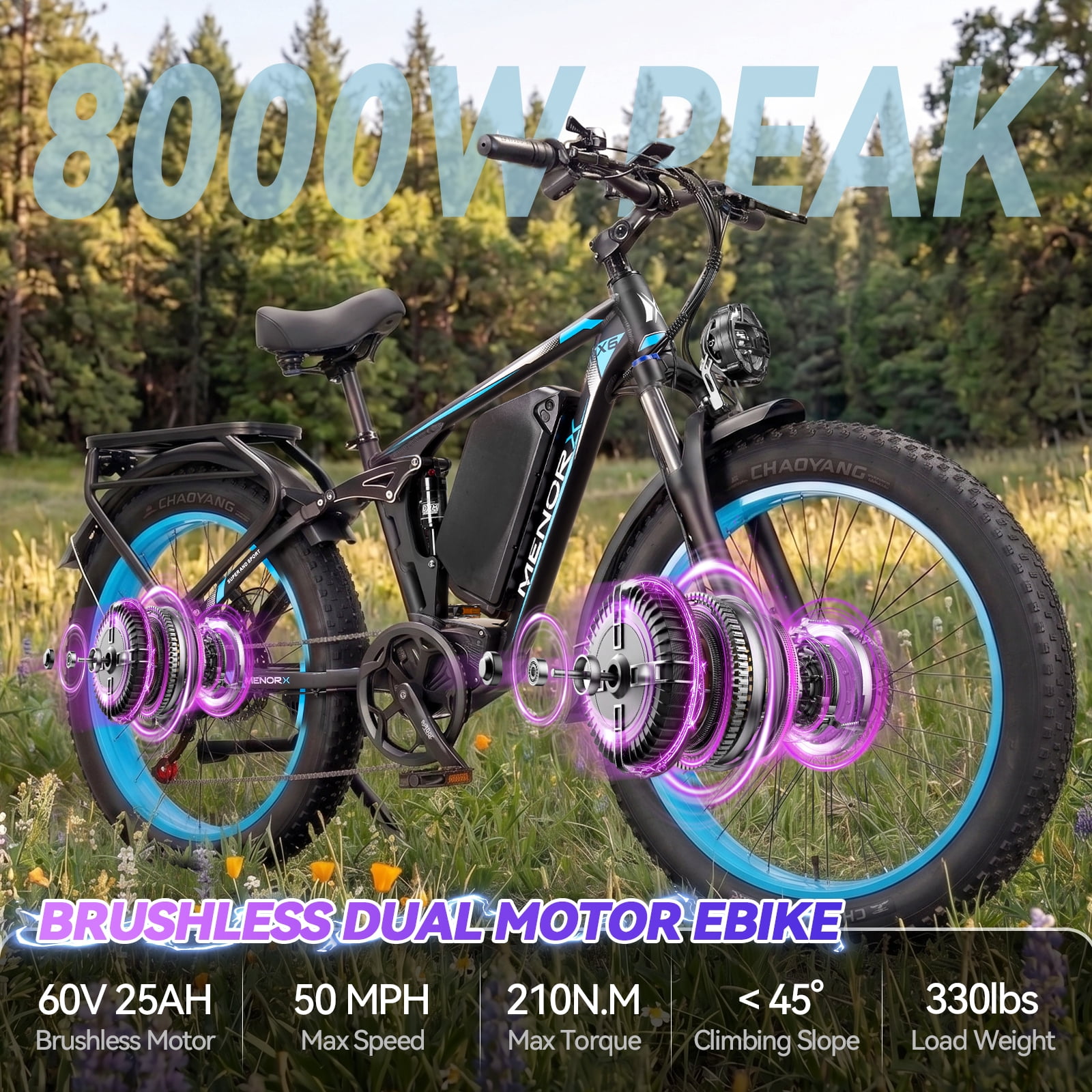 8000W Dual Motor Electric Bike, 26"x4" Fat Tire E-Bike with 60V 25Ah Battery, up to 50 MPH & 105-Mile Range, Full Suspension