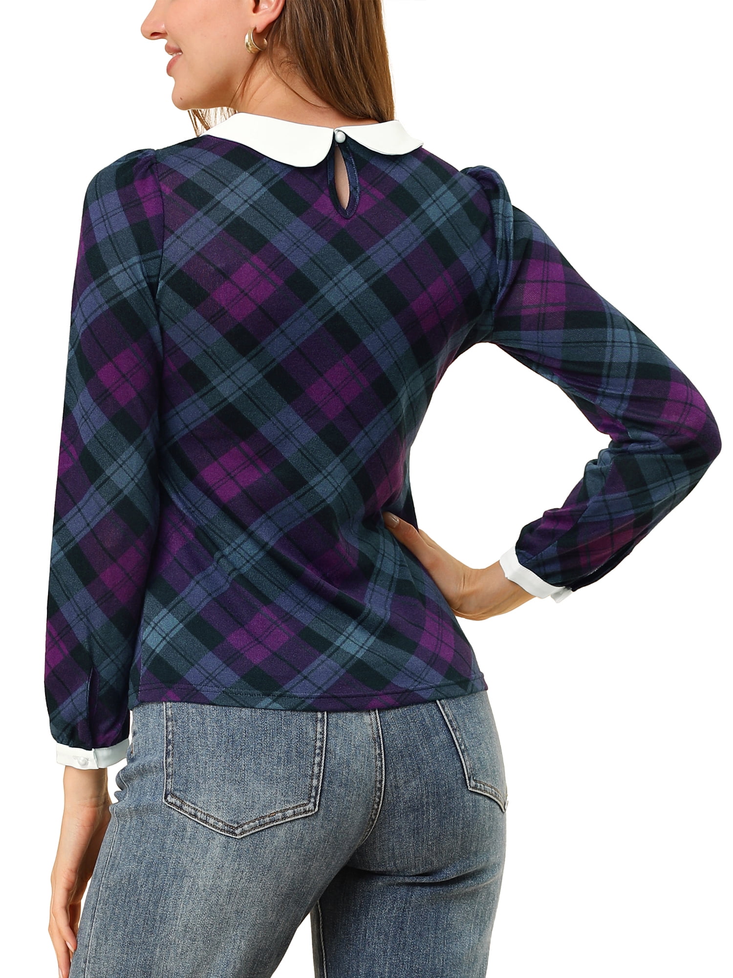 Unique Bargains Women's Peter Pan Collar Puff Sleeve Contrast Plaid Shirt Blouse