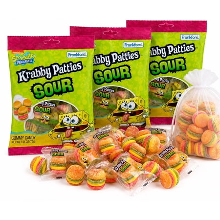 Krabby Patty Sour Gummy Candy, Individually Wrapped Chewy Candies, 2.54 Oz 3 Pack, Party Favors Stocking Stuffers Gift Bags Holiday Treats