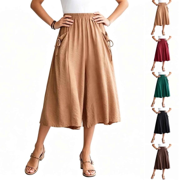 VBVC Women's Elastic Waist Wide Leg Culottes , Summer Breathable Capri Pants For Women , Ladies' Casual Cropped Trousers with Pockets,Black,M-5XL