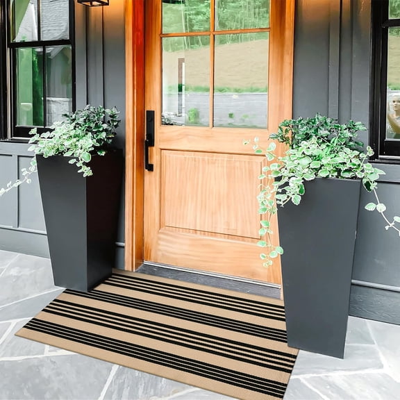 Front Door Mats 24"x51", Black and Khaki Striped Layered Door Mats Outdoor,Machine Washable Farmhouse Front Porch Rug Decor, Spring Decorations Cotton Hand Woven Entryway Rug for Doorway