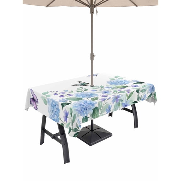Outdoor Tablecloth with Umbrella Hole for Patio/Picnic/Party/Camping, Blue Hydrangeas Waterproof Table Cloth Rectangle Table Cover Washable, Spring Rustic Floral Butterflies Watercolor (60"x 120")