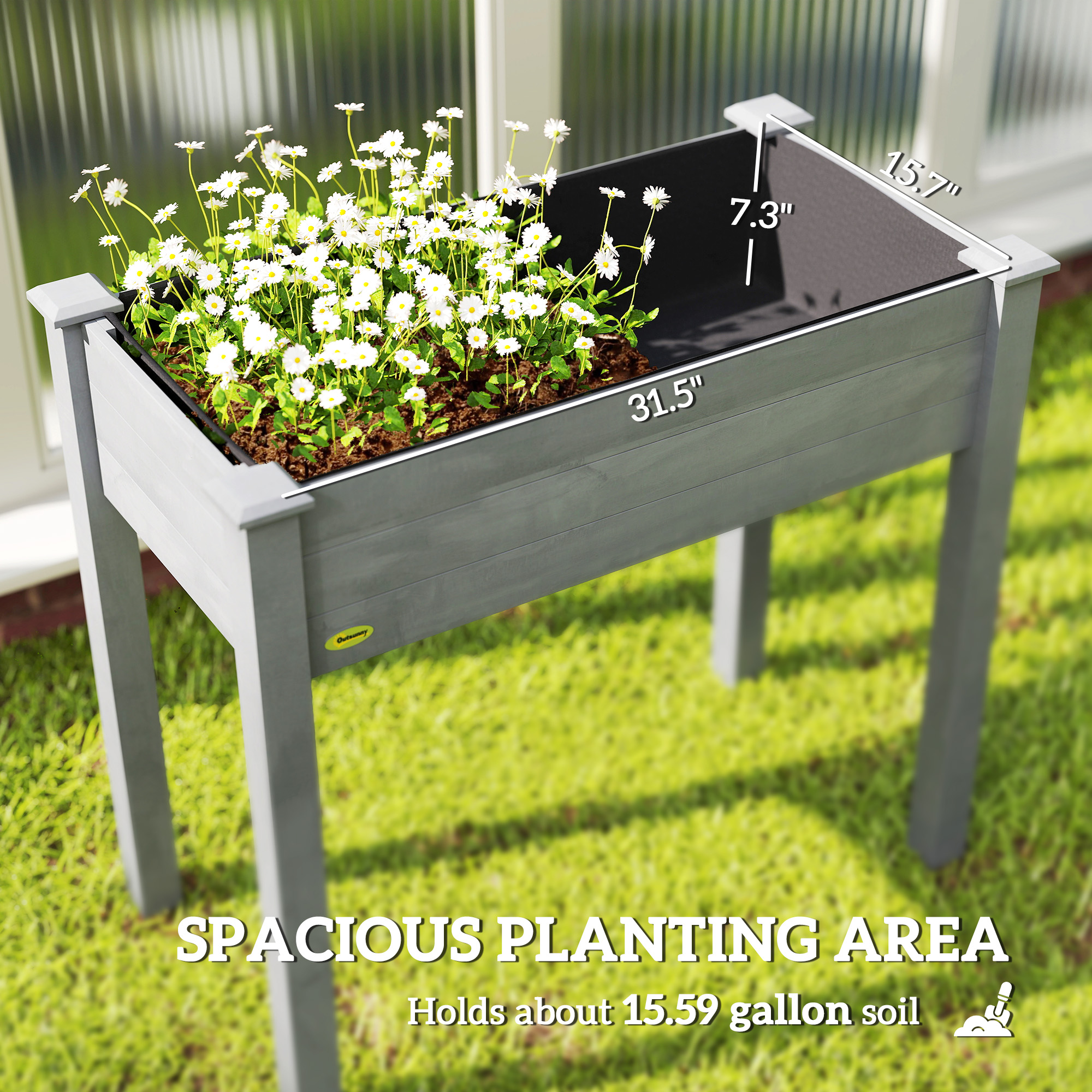 Outsunny 34" Raised Garden Bed, Elevated Wooden Planter Box w/ Draining Holes for Vegetables, Herb and Flowers Backyard, Patio, Balcony Use, Dark Gray
