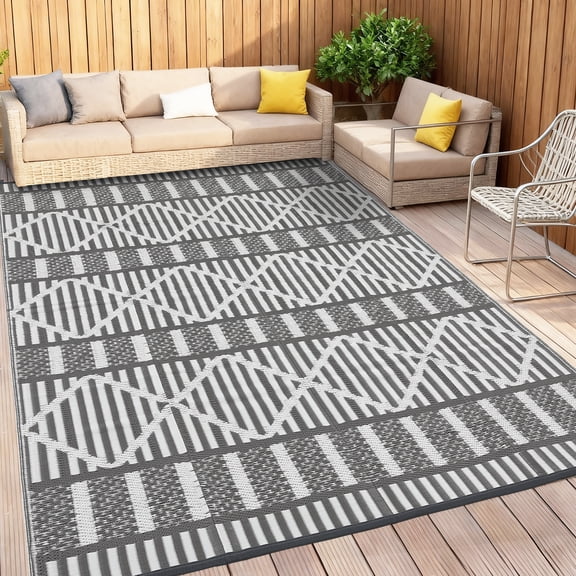 HIWEAVER 8' x 10' Gray/White Outdoor Rug PP Plastic Straw Woven Waterproof Patio Rug with Border Portable Outside Carpet for Balcony Deck Picnic Garden Decor