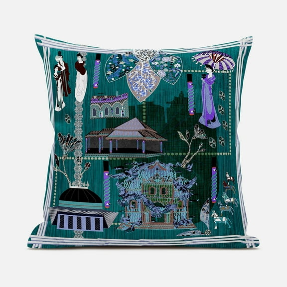 City Palace Throw Pillow with Removable Cover in Turquoise Purple Brown 16x16