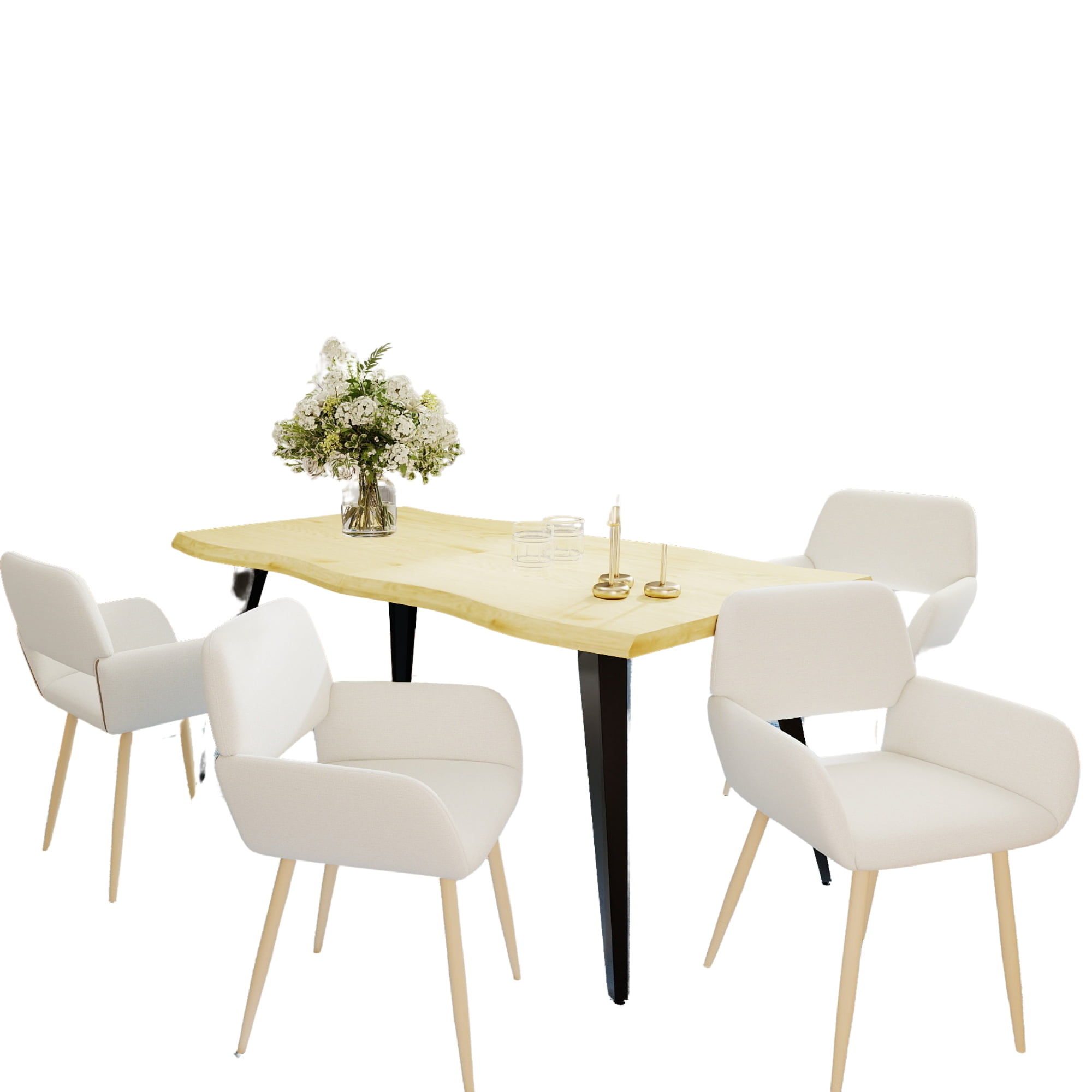 Homy Casa 4 Seater Chair Dining Table Set with Live Edge Industrial Faux Natural Table and Armchairs, Beige Fabric