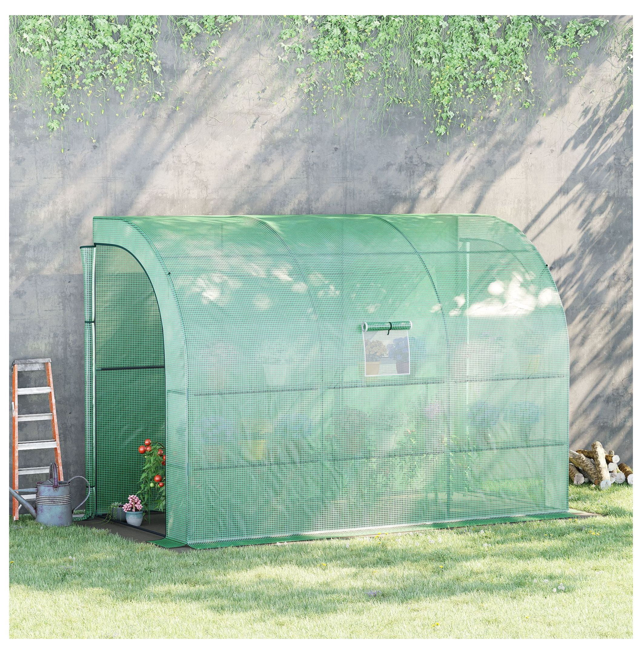 10' x 5' x 7' Lean to Greenhouse, Walk-In Green House, Plant Nursery with 2 Roll-up Doors and Windows, PE Cover and 3 Wire Shelves, Green