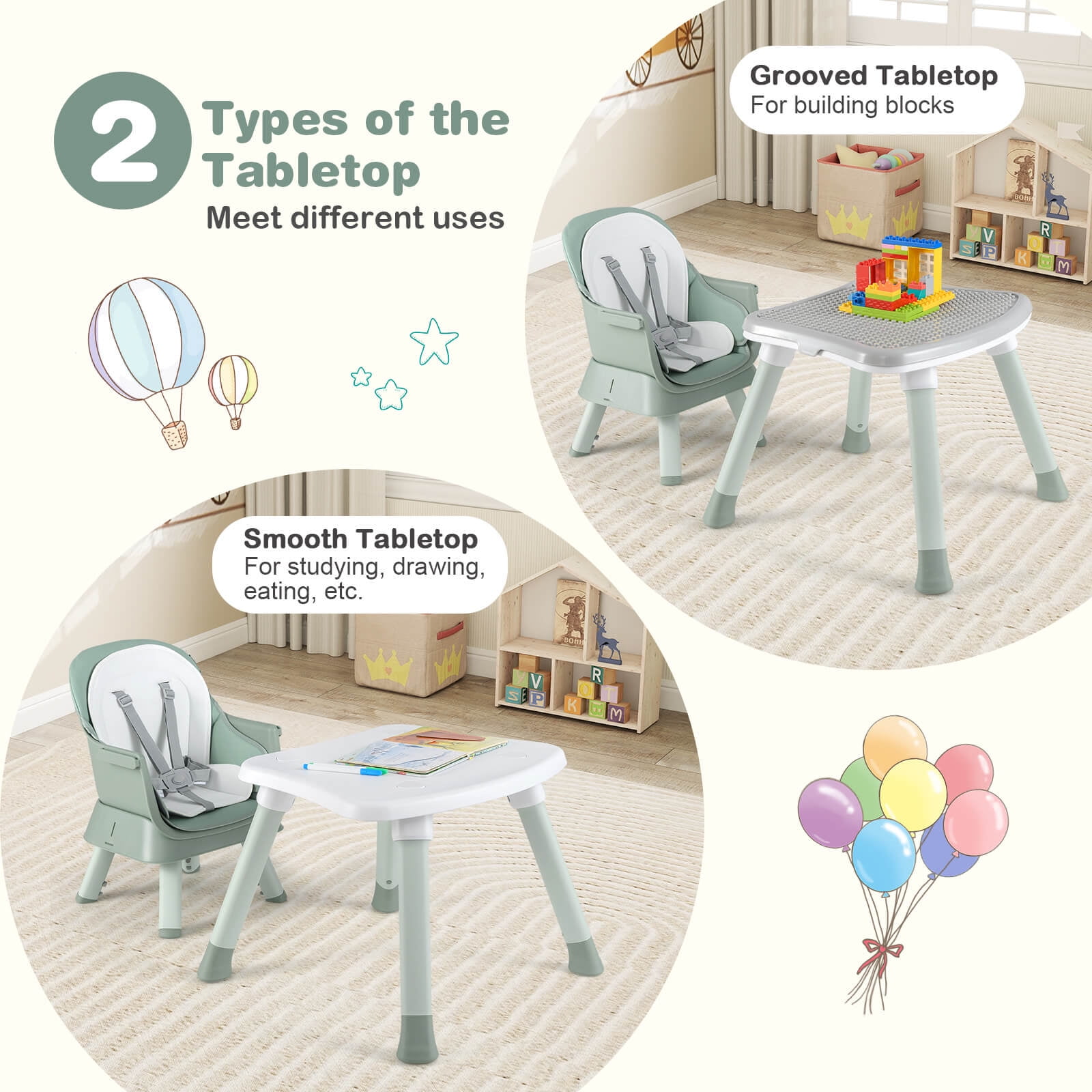 Babyjoy 8-in-1 Baby High Chair with  Double-layer Cushions Multifunctional Toddler Green