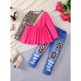 thumbnail image 3 of Kid Girl Long Sleeve shirts and Denim Pants 2Pcs Leopard Splicing Pullover Outfits Set Size 4-7, 3 of 9