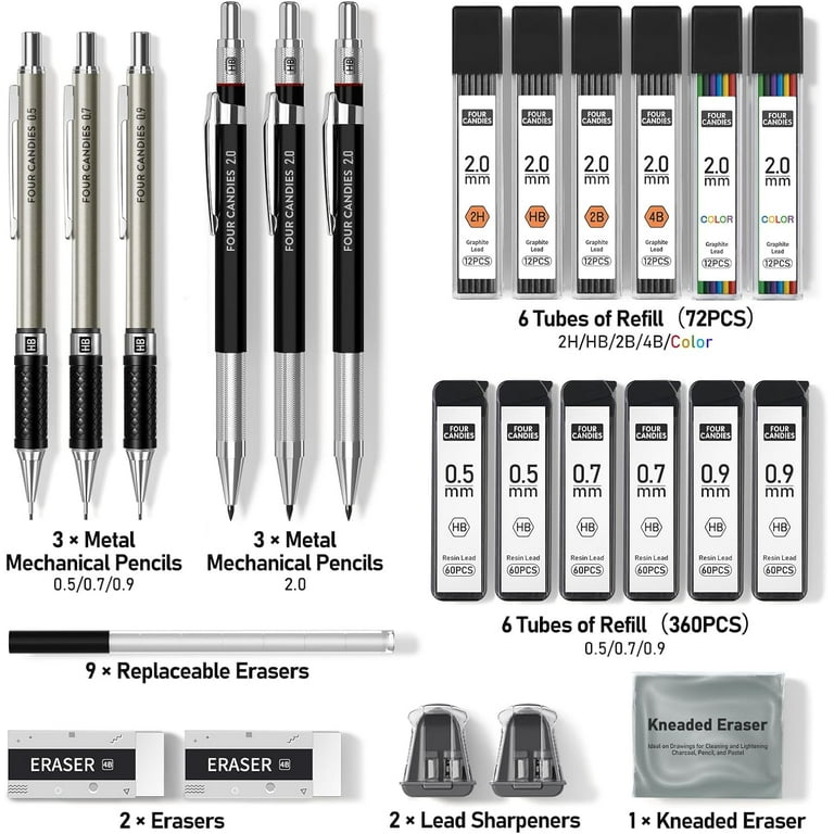Four Candies Metal Mechanical Pencil Set, 6PCS Artist Drawing