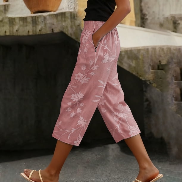 TaTaai Women Cotton Linen Casual Straight Leg Capri Pants Printed Design Elastic Waist Side Pockets Lightweight Breathable Machine Washable No Fading Daily Outdoor Street Wear Gift